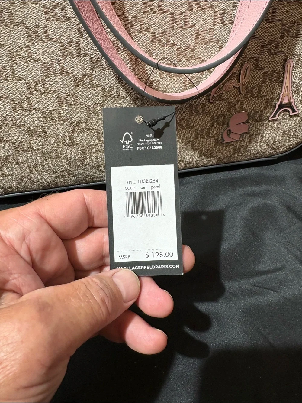 Karl Lagerfeld Beige Monogram Tote with Pink Trim